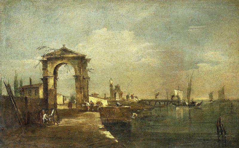 Francesco Guardi Landschap met een kade en schepen op een meer china oil painting image